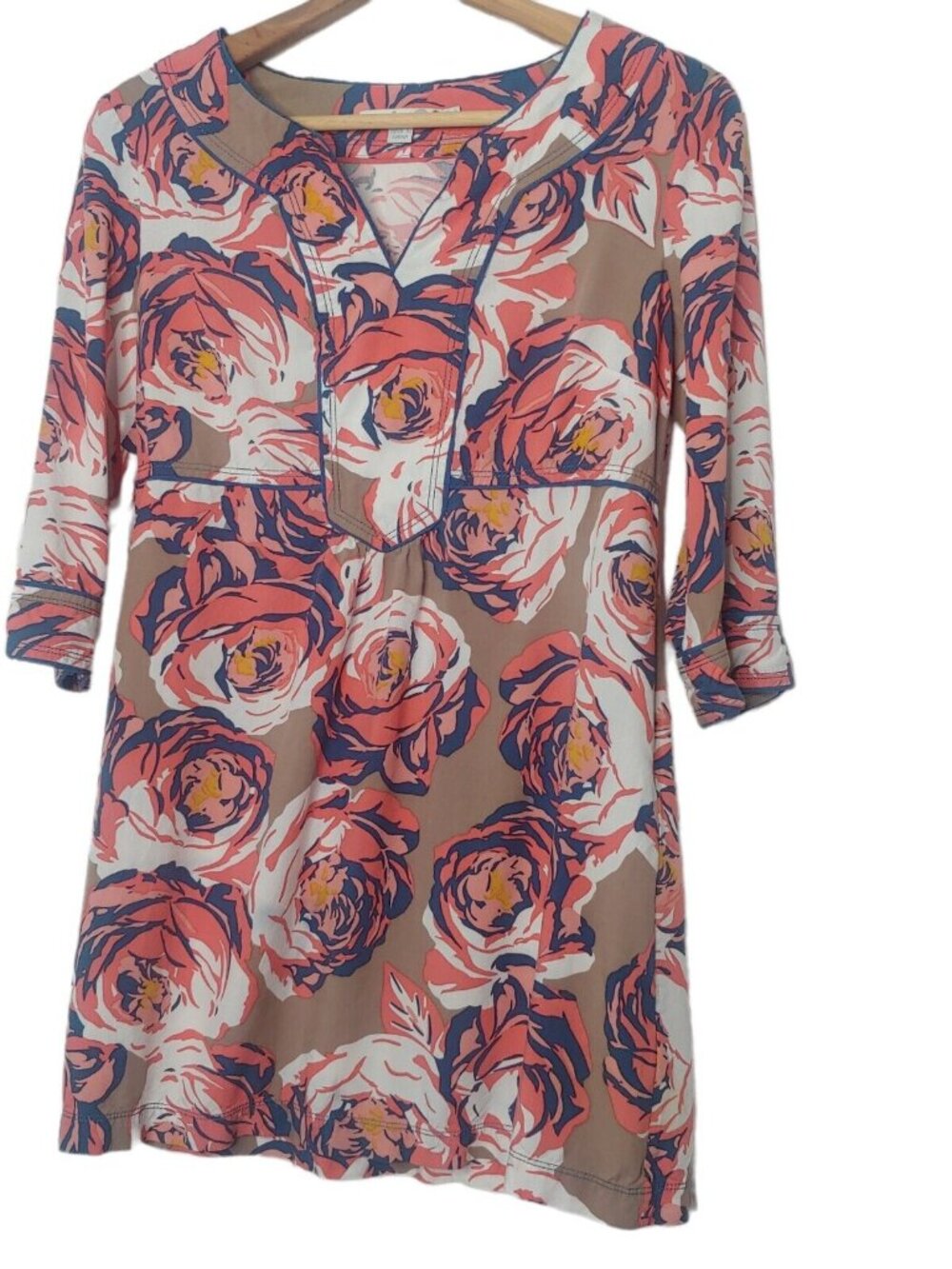 Boden Dress UK 10P US 6P Tan Pink Floral Viscose V Neck Long Sleeve READ